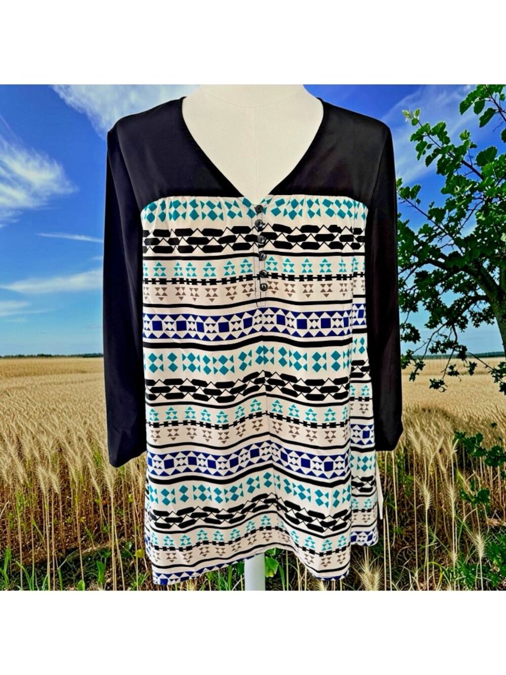 Style & Co. Black/Multicolor 3/4 Sleeve Geometric Print Top-Size Small-NWT